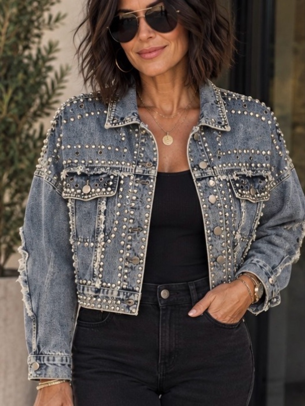 Women's Light Blue Studded Denim Jacket - Designer Style